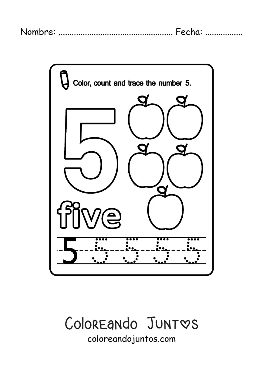 Imagen para colorear de ficha para aprender el número 5 en inglés con frutas