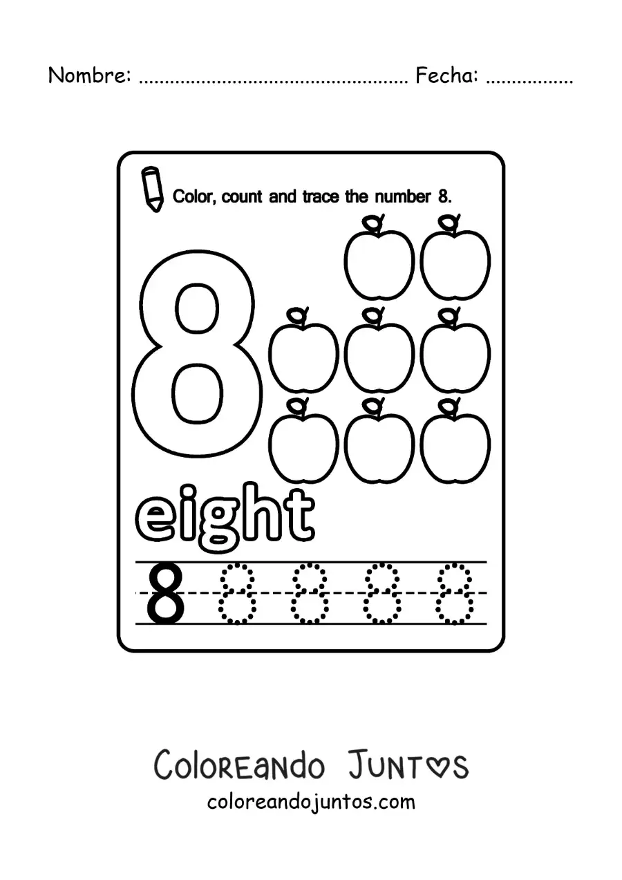 Imagen para colorear de ficha para aprender el número 8 en inglés con frutas