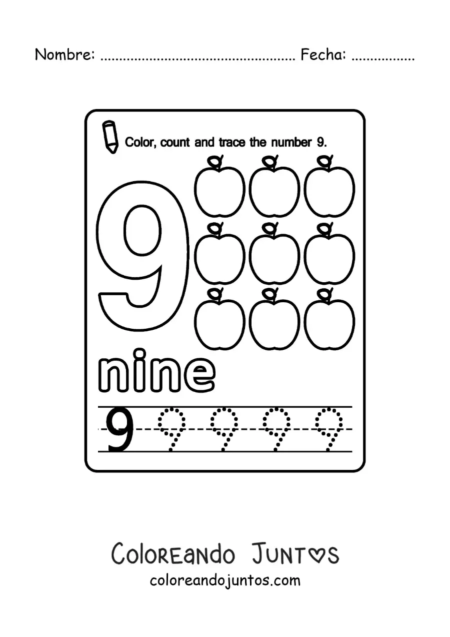 Imagen para colorear de ficha para aprender el número 9 en inglés con frutas