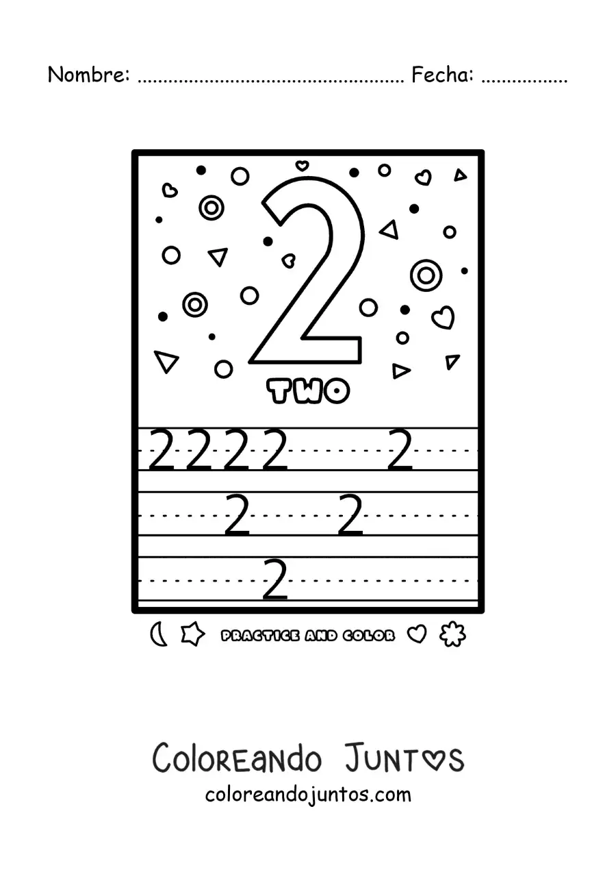 Imagen para colorear de actividad para aprender el número 2 en inglés