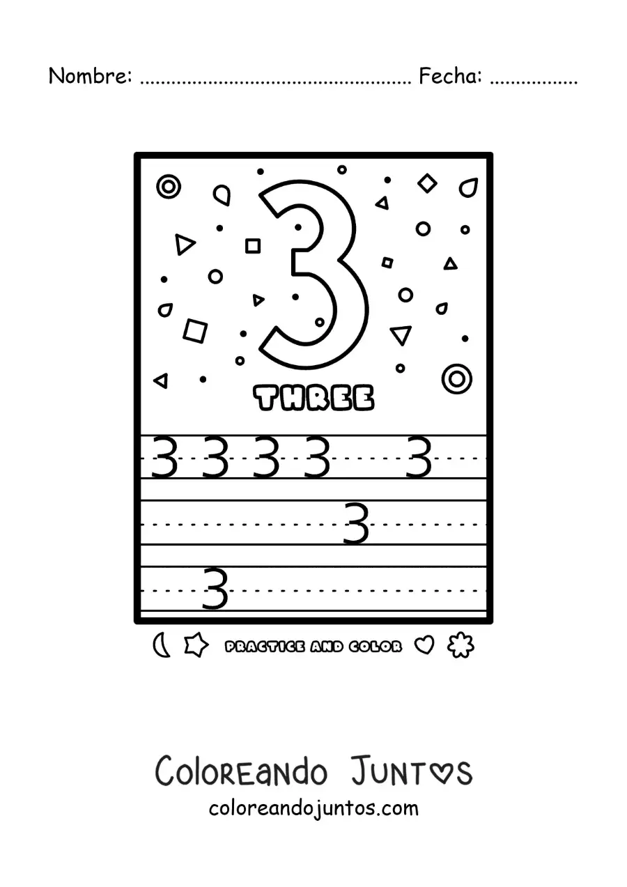 Imagen para colorear de actividad para aprender el número 3 en inglés