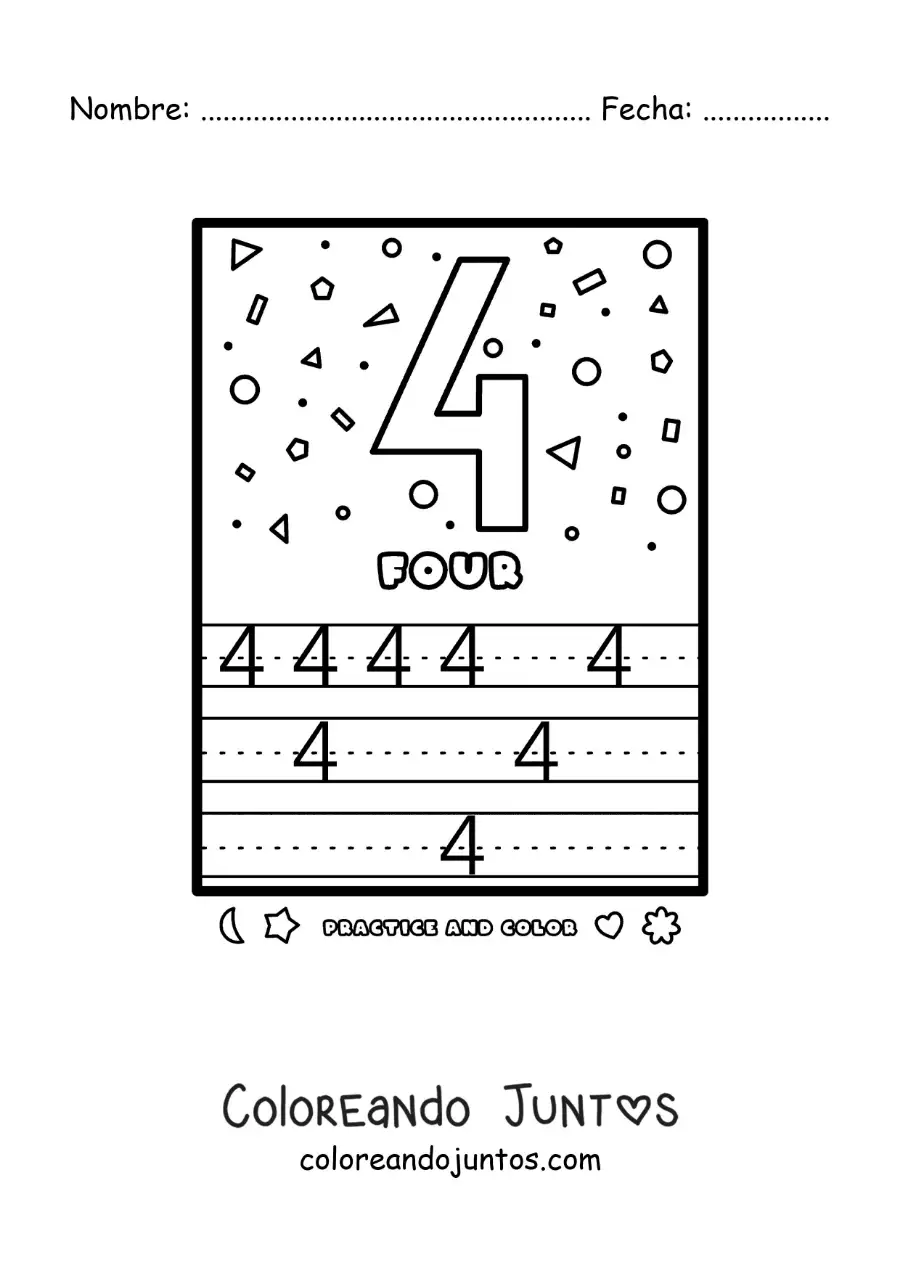 Imagen para colorear de actividad para aprender el número 4 en inglés