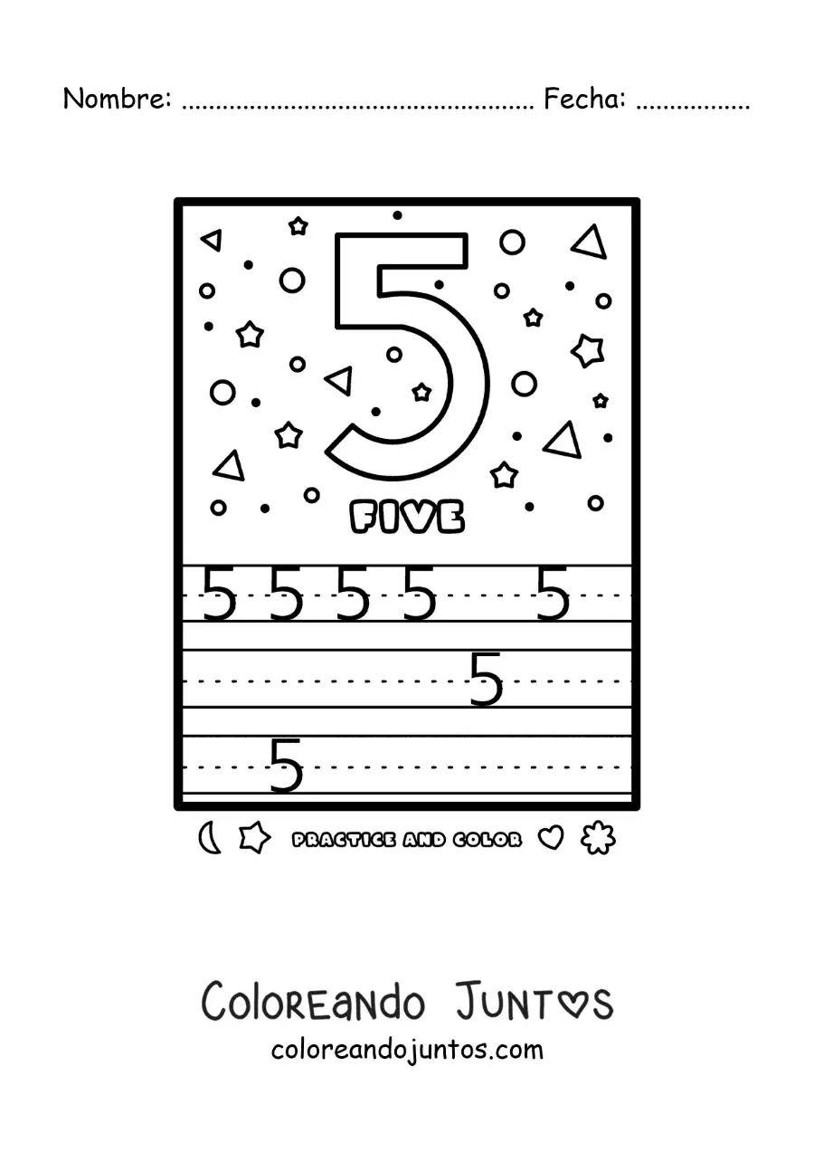 Imagen para colorear de actividad para aprender el número 5 en inglés
