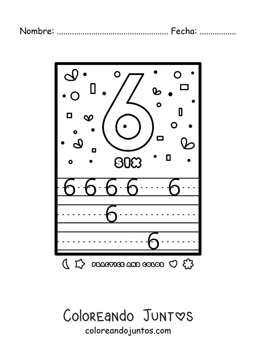 Imagen para colorear de actividad para aprender el número 6 en inglés