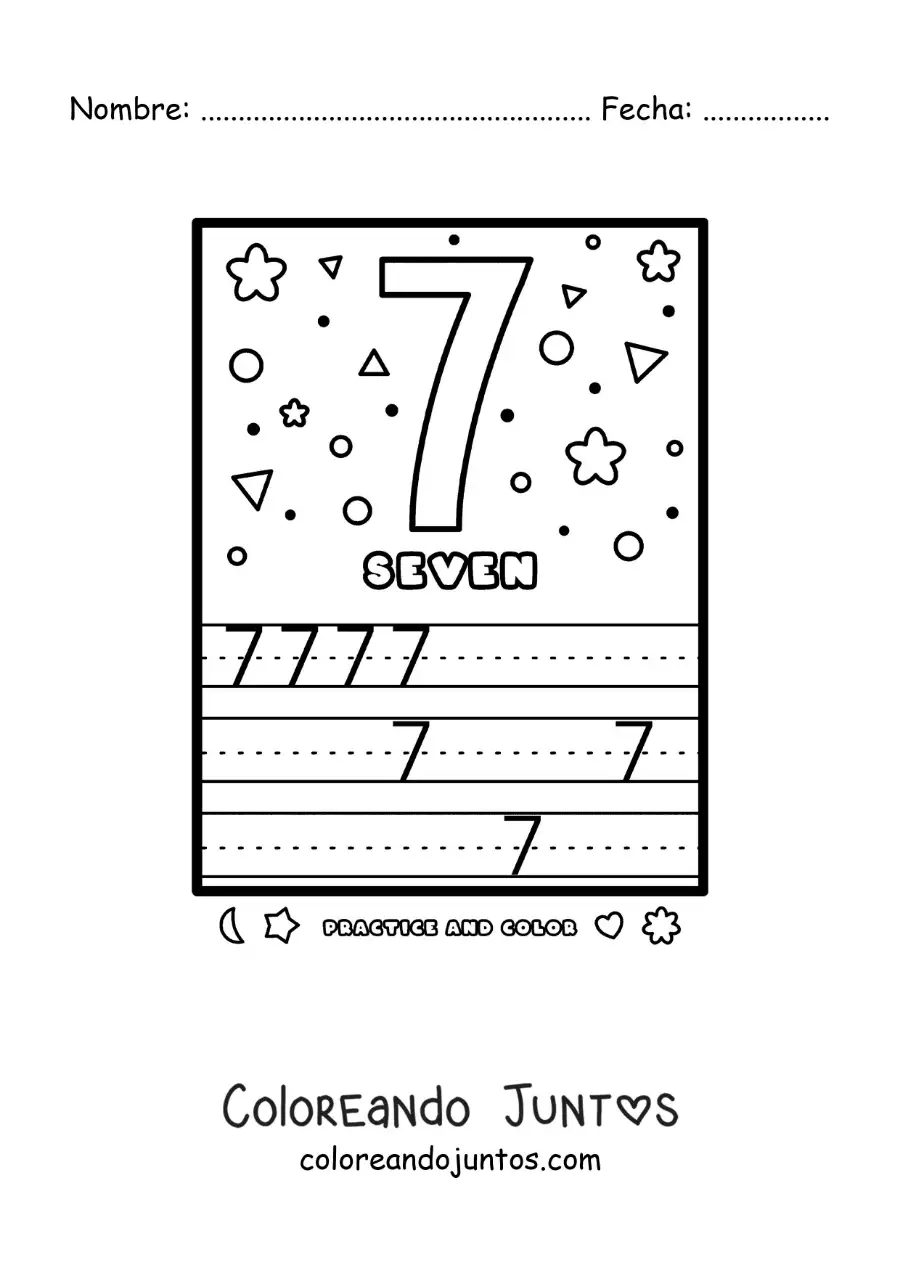 Imagen para colorear de actividad para aprender el número 7 en inglés