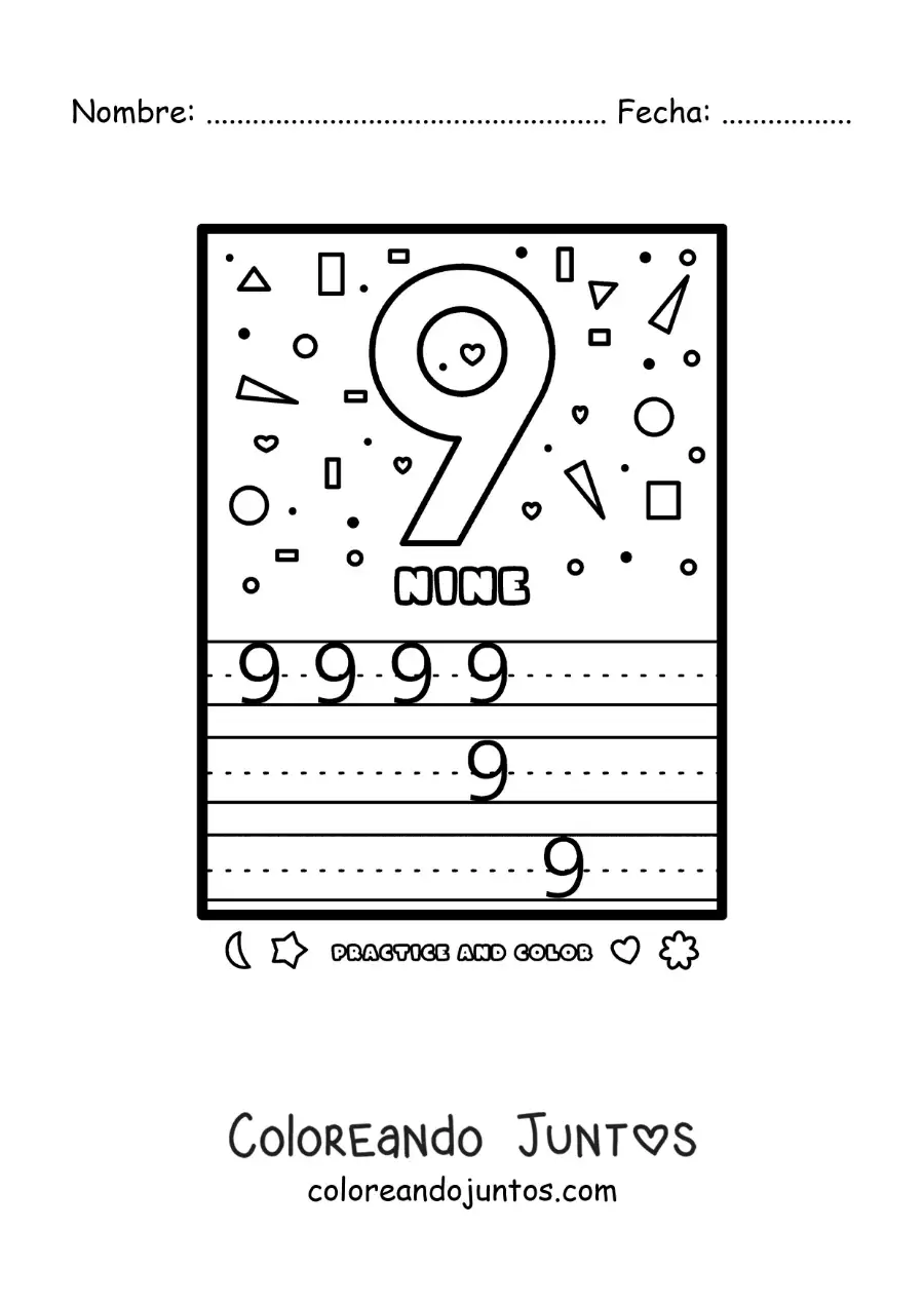 Imagen para colorear de actividad para aprender el número 9 en inglés