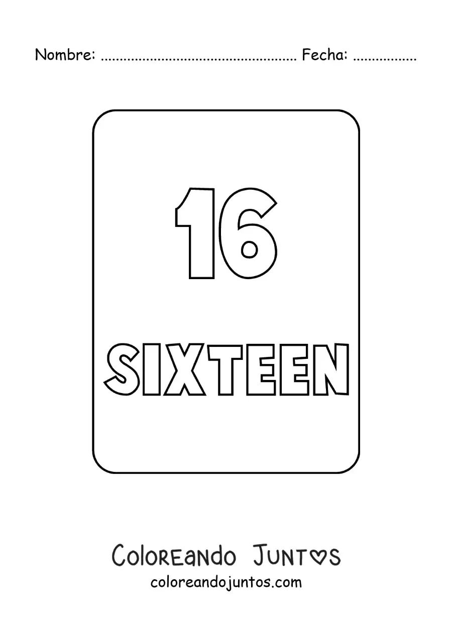 Imagen para colorear del número 16 en inglés
