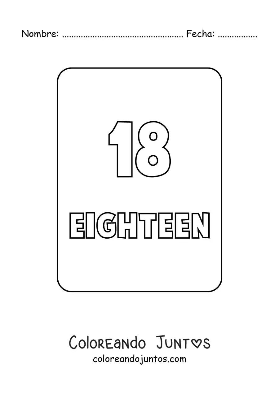 Imagen para colorear del número 18 en inglés