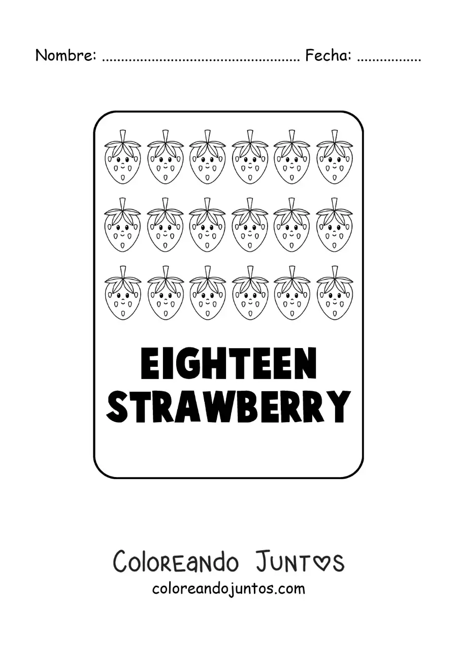 Imagen para colorear del número 18 en inglés con frutas
