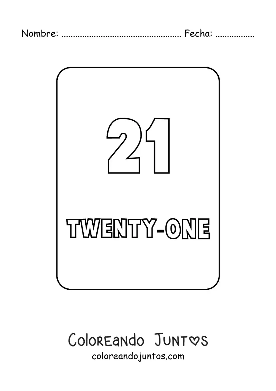 Imagen para colorear del número 21 en inglés