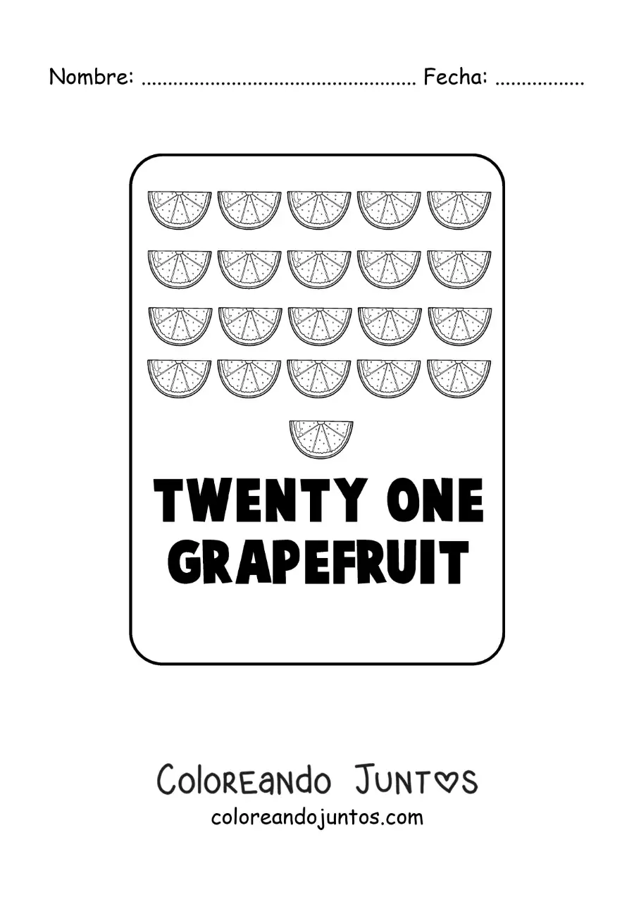 Imagen para colorear del número 21 en inglés con frutas