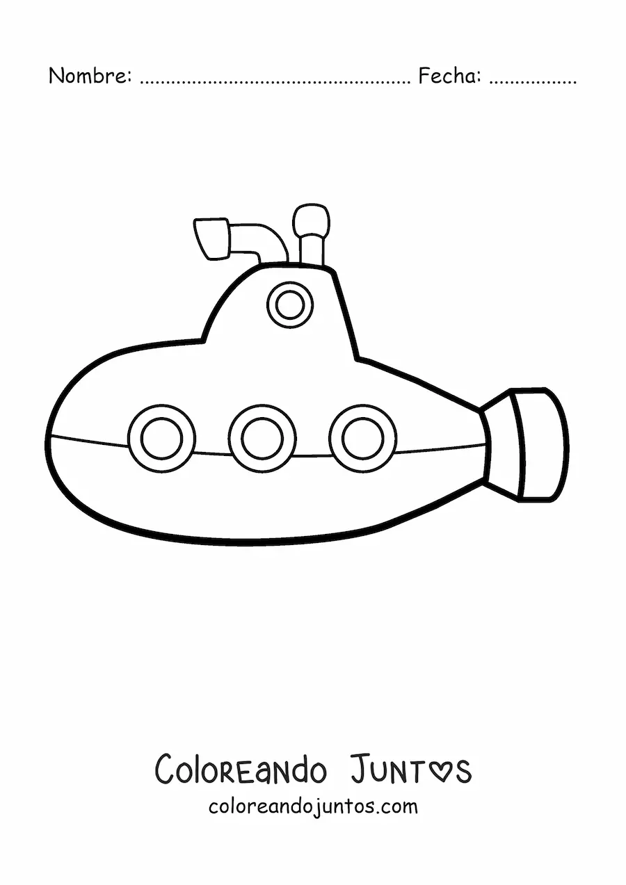Imagen para colorear de una caricatura de un submarino con periscopio y tres ventanas