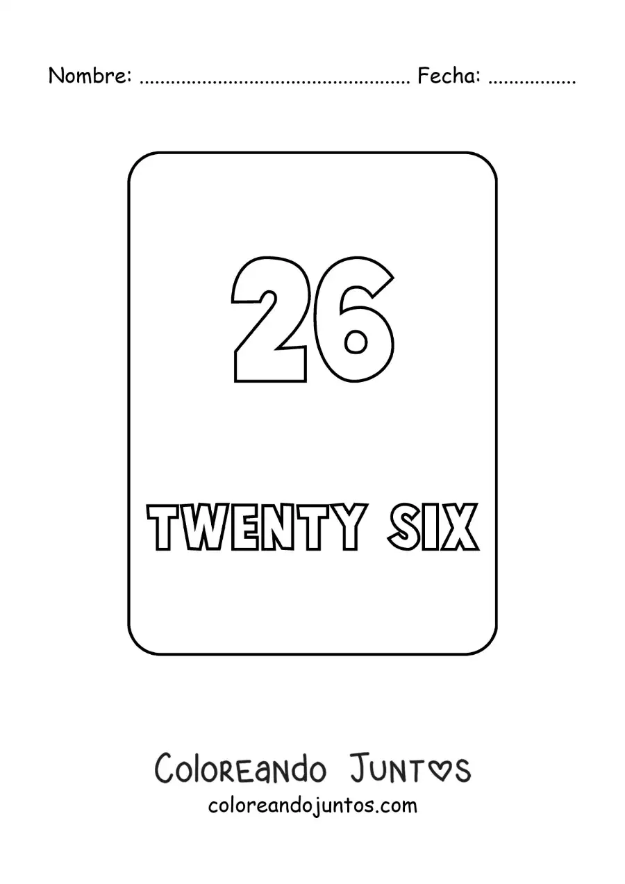 Imagen para colorear del número 26 en inglés