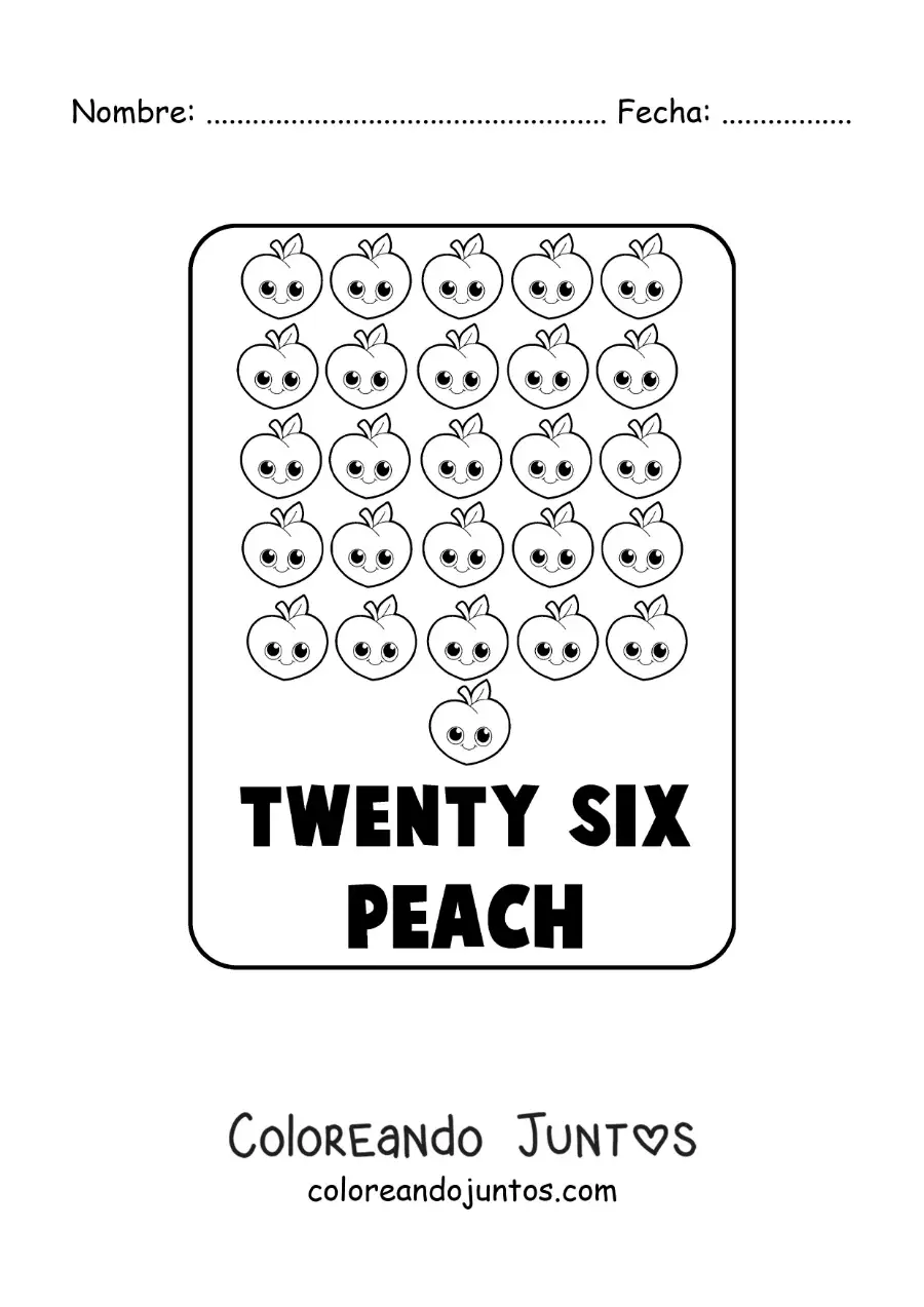 Imagen para colorear del número 26 en inglés con frutas