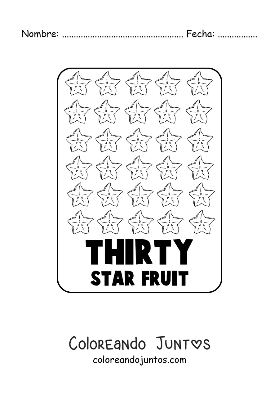 Imagen para colorear del número 30 en inglés con frutas