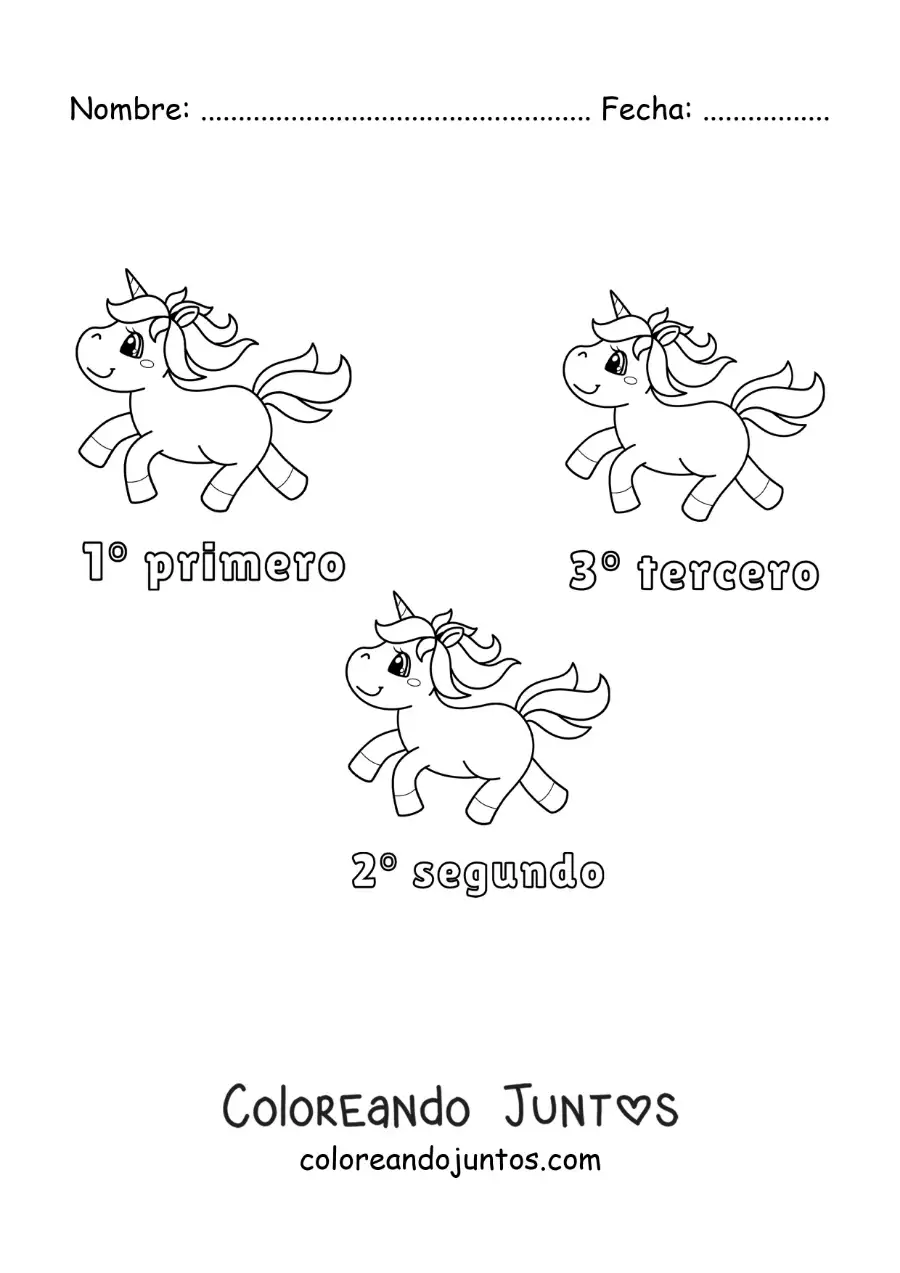 Imagen para colorear de una carrera de unicornios con los números ordinales del 1 al 3 para niños