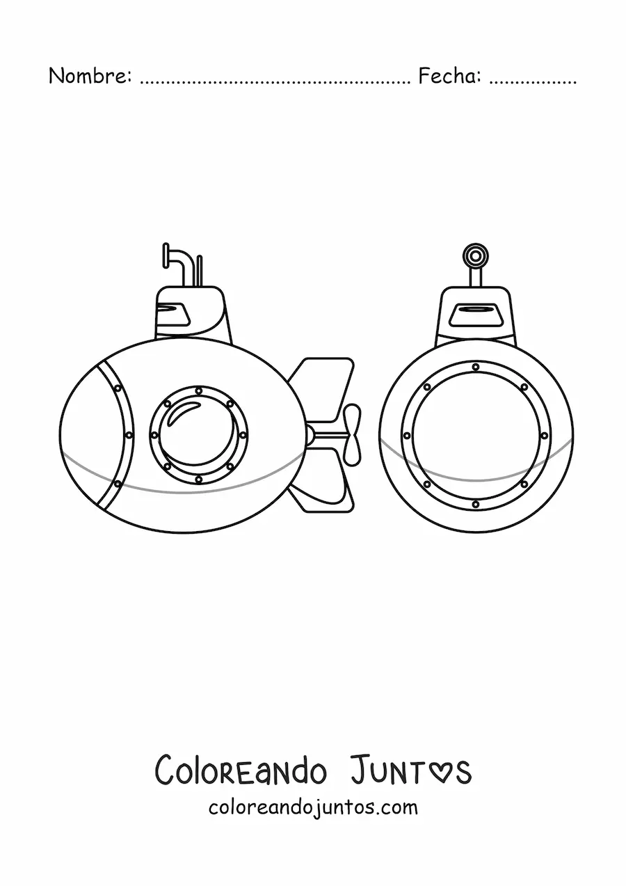 Imagen para colorear de la vista frontal y lateral de un submarino espía con periscopio