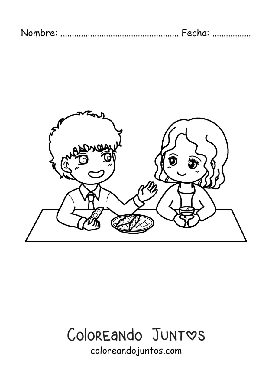 Imagen para colorear de pareja enamorada estilo anime en una cita