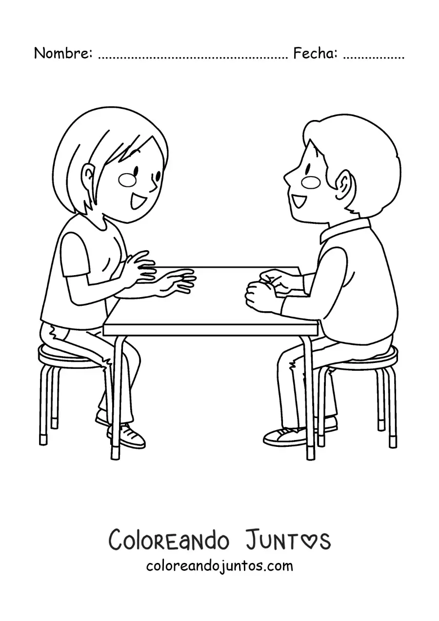 Imagen para colorear de pareja de novios sentados hablando en un restaurante