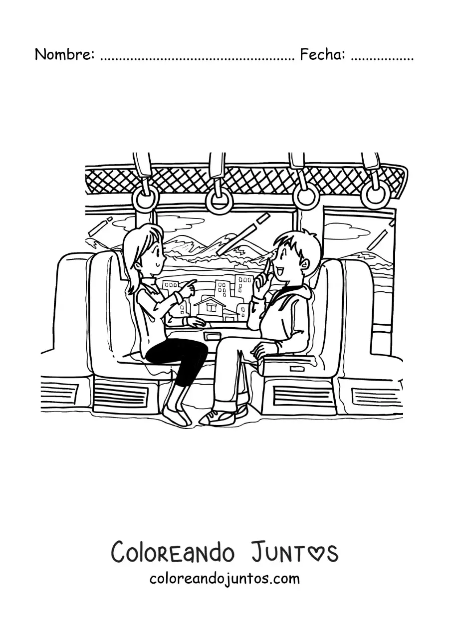 Imagen para colorear de pareja de novios sentados hablando en un tren