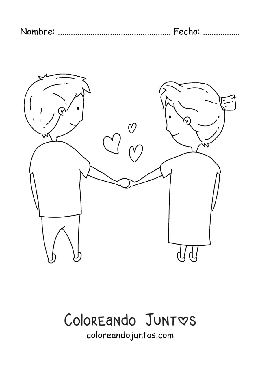Imagen para colorear de pareja de enamorados tomados de la mano con corazones