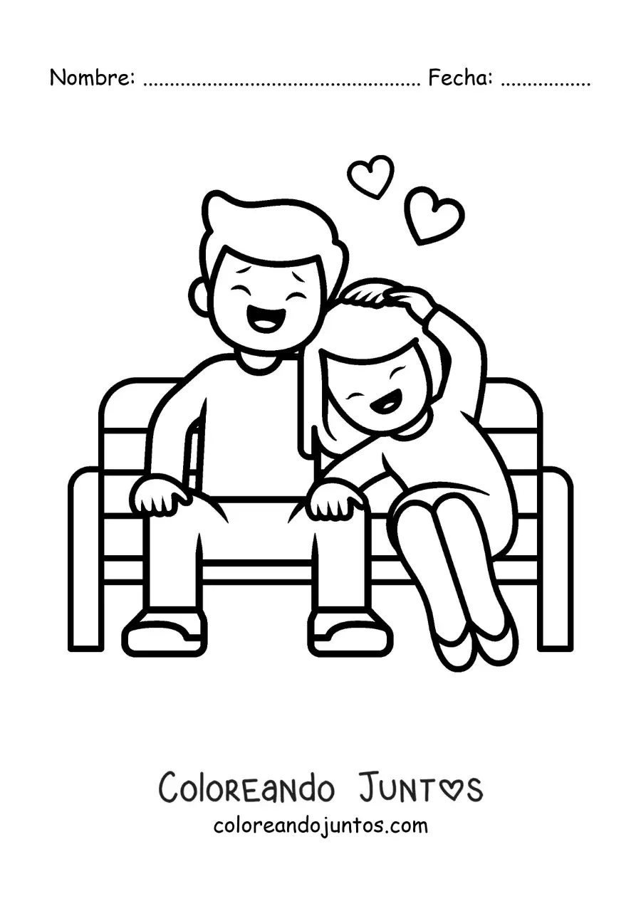 Imagen para colorear de pareja de novios sentados riendo juntos con corazones