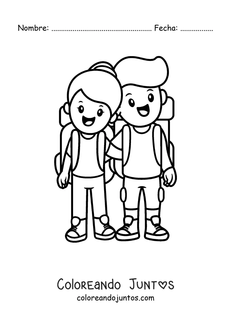 Imagen para colorear de pareja de novios excursionistas viajando juntos