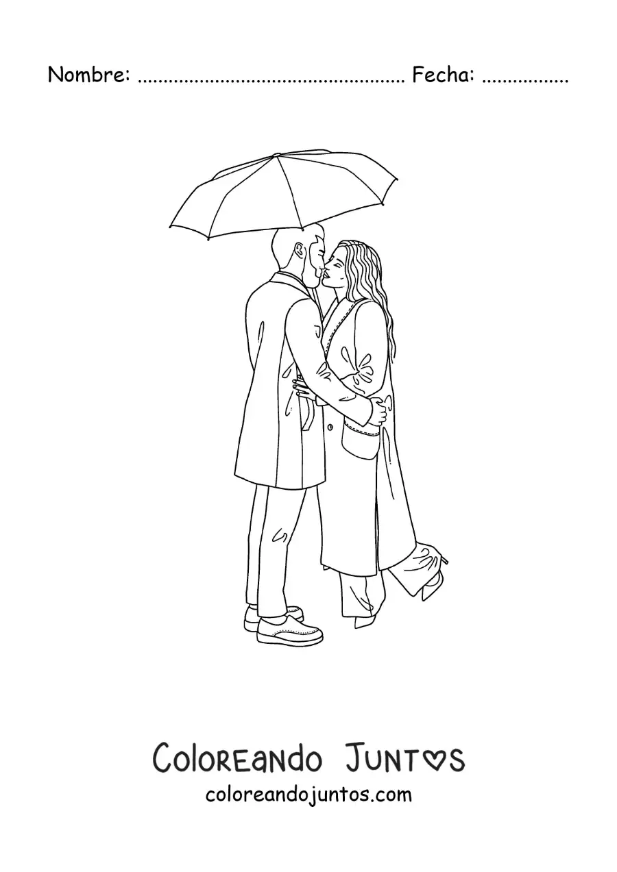 Imagen para colorear de pareja besándose bajo la lluvia
