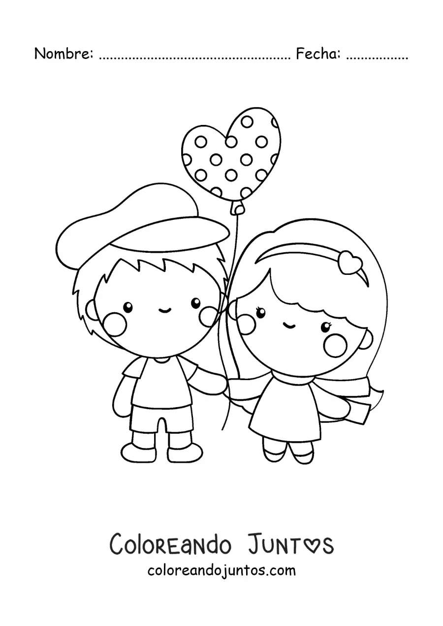 Imagen para colorear de pareja de enamorados con globo de san valentín