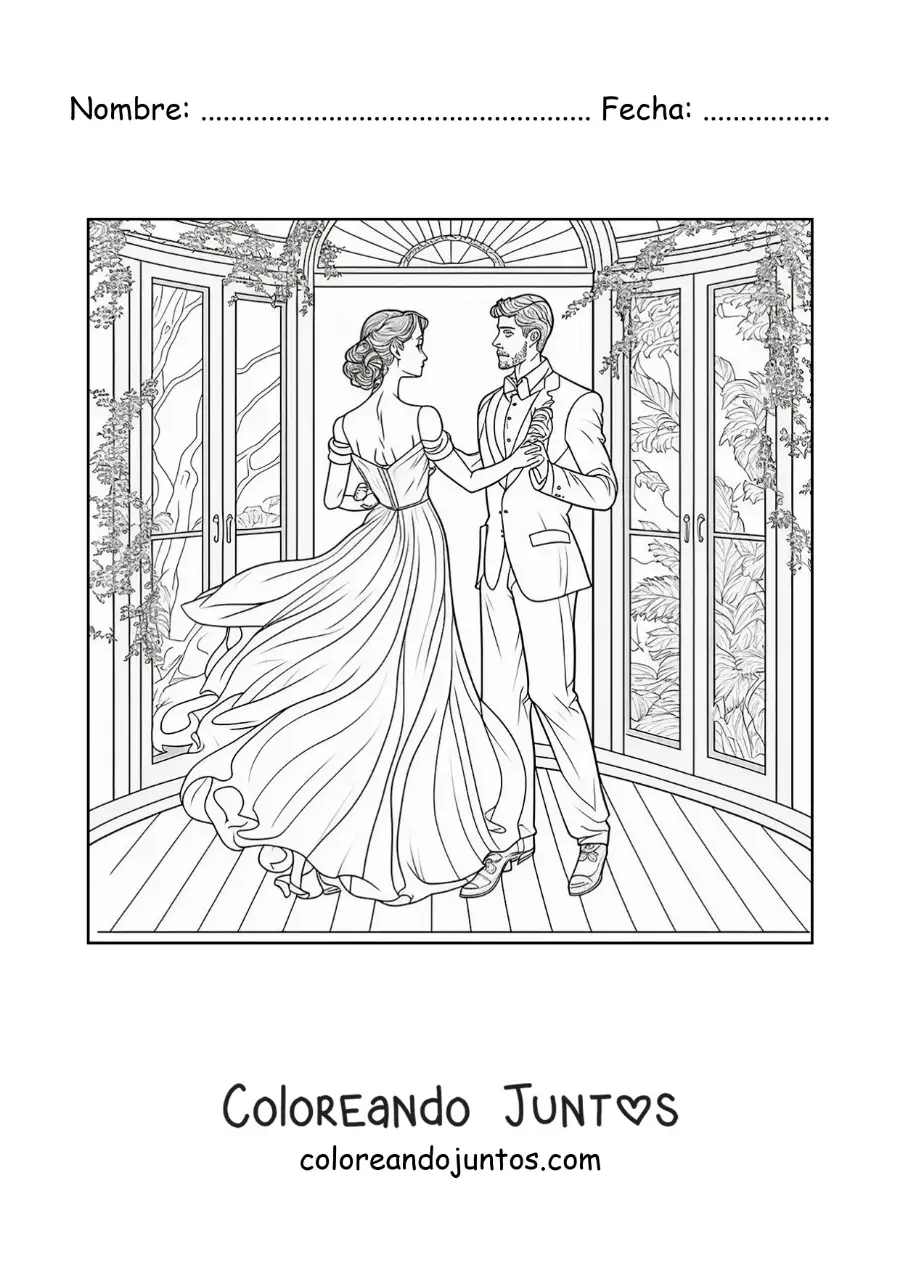 Imagen para colorear de escena romántica de una pareja bailando en el jardín