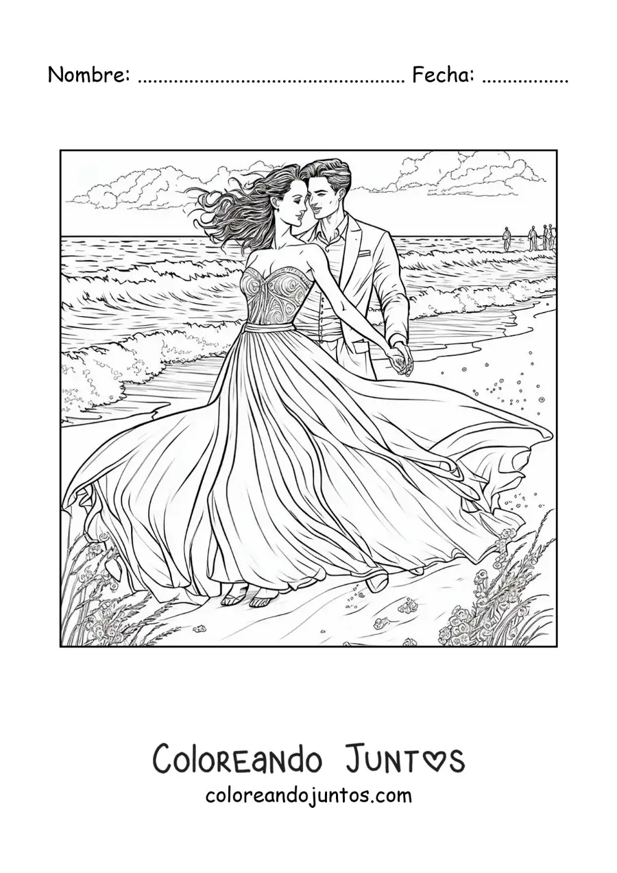 Imagen para colorear de escena romántica de una pareja en la playa