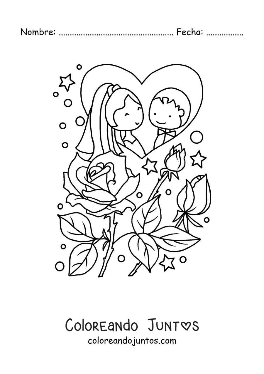 Imagen para colorear de pareja feliz animada en su boda con rosas y corazones