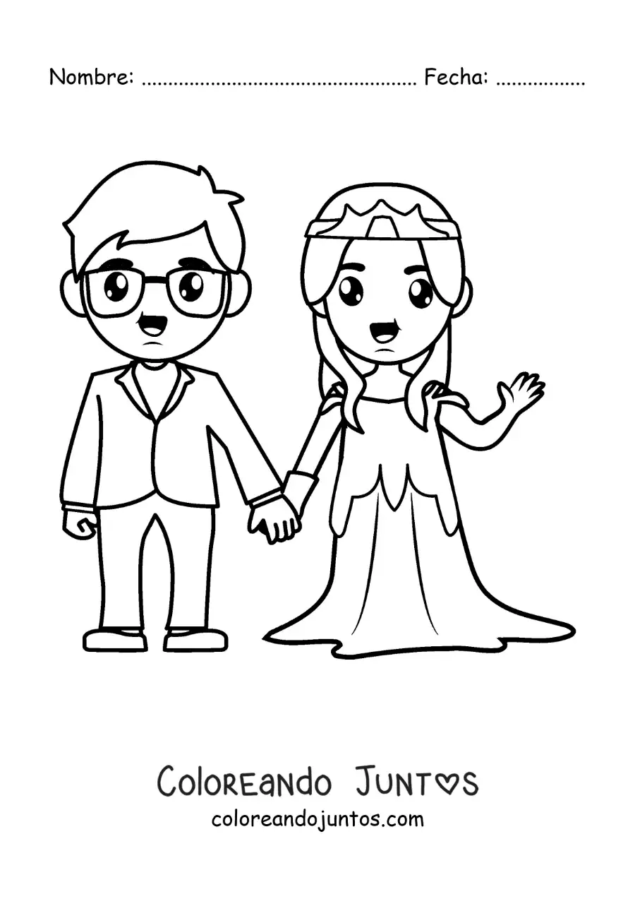 Imagen para colorear de pareja de novios animados en su boda