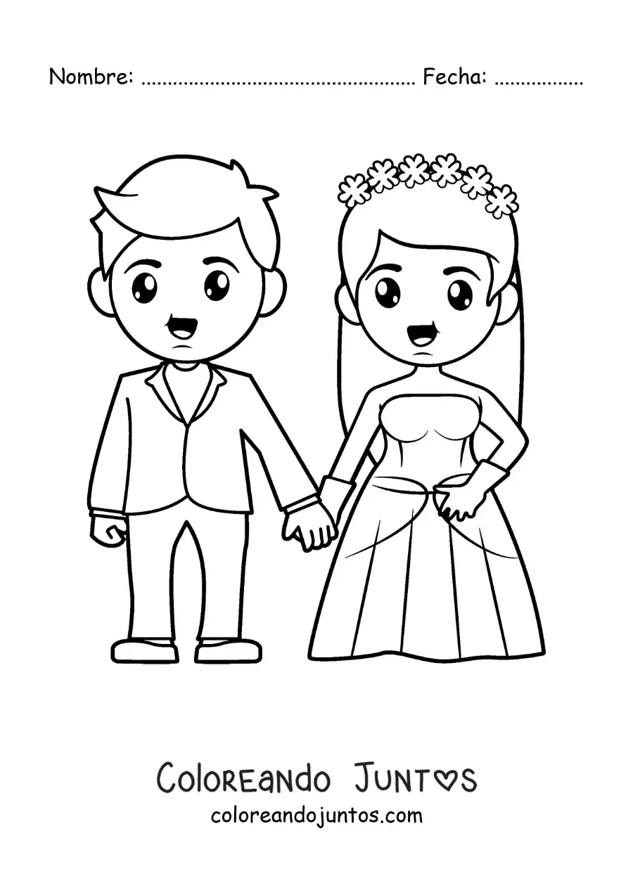Imagen para colorear de novio y novia con vestido en su boda