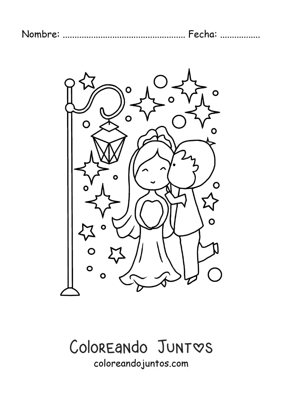 Imagen para colorear de tierna pareja en el día de su boda con estrellas