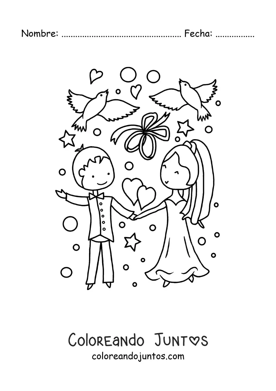 Imagen para colorear de tierna pareja animada en su boda con corazones y palomas