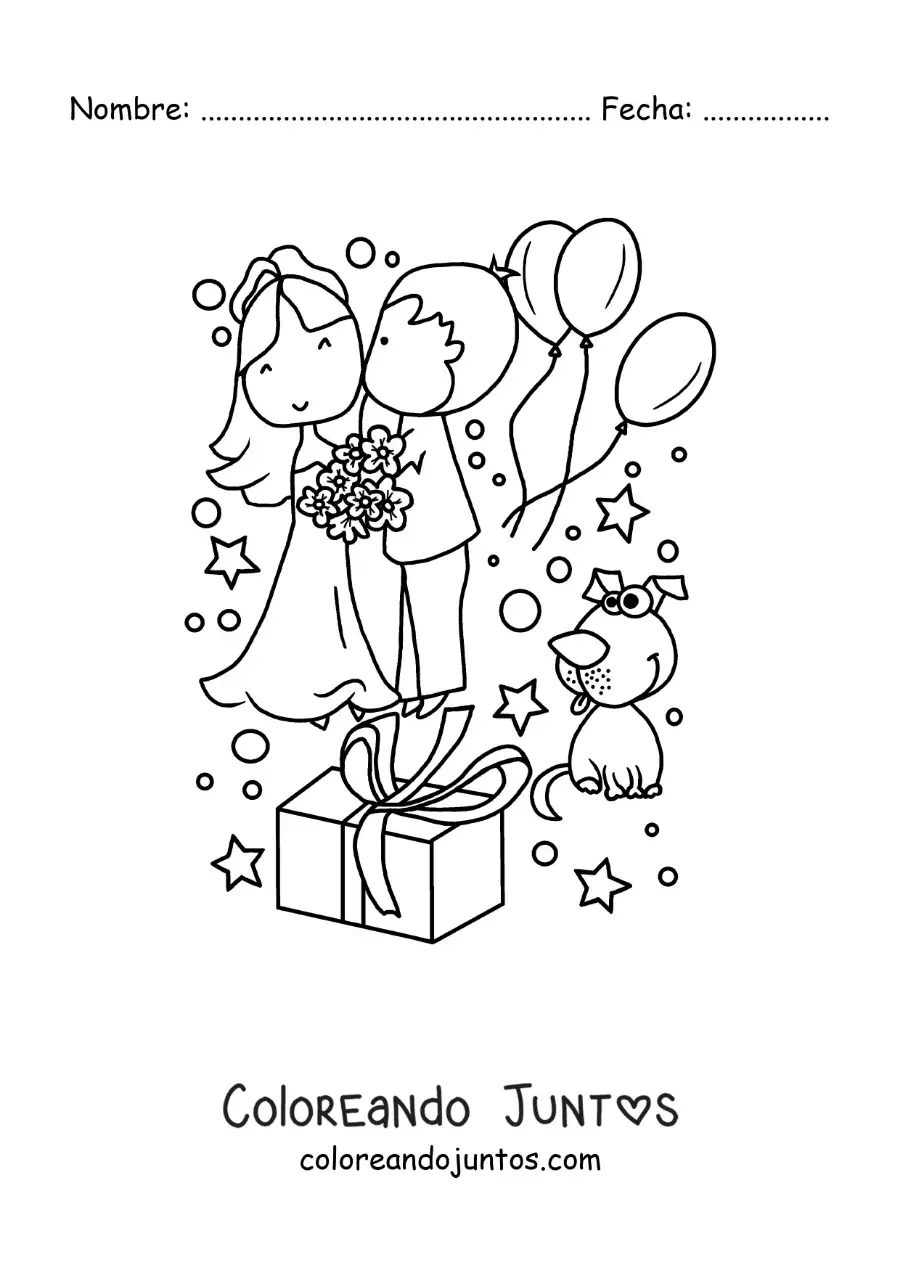 Imagen para colorear de pareja de novios animados en su boda con regalos