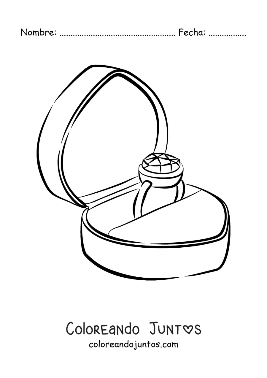 Imagen para colorear de anillo de compromiso en una caja con forma de corazón