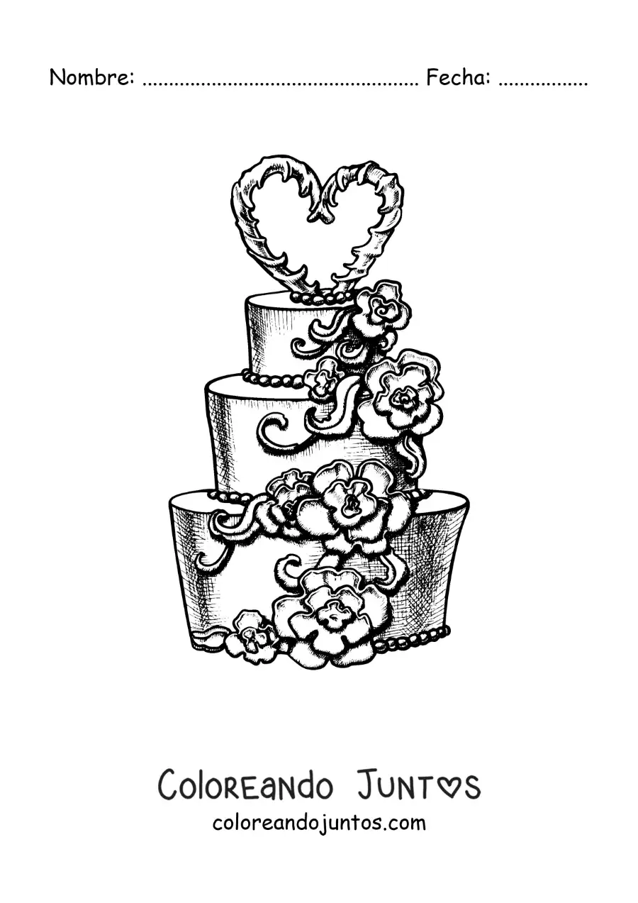 Imagen para colorear de pastel de boda realista con flores