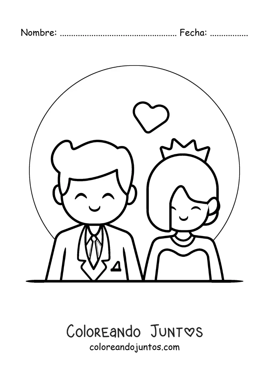 Imagen para colorear de pareja feliz de novios animados en su boda con corazones