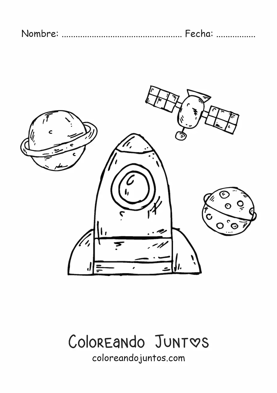 Imagen para colorear de una caricatura de un cohete en el espacio