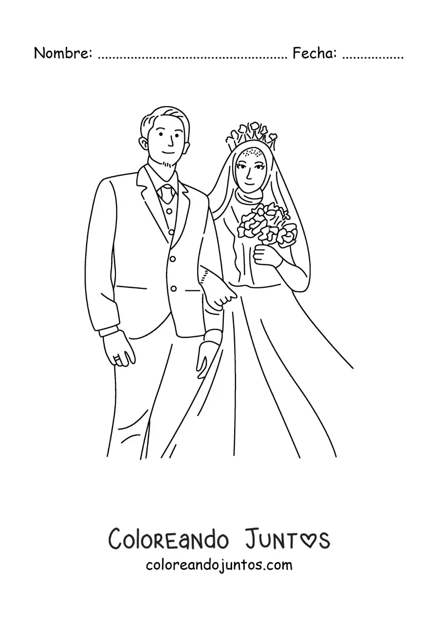Imagen para colorear de hermosa pareja de novio y novia con hijab en su boda