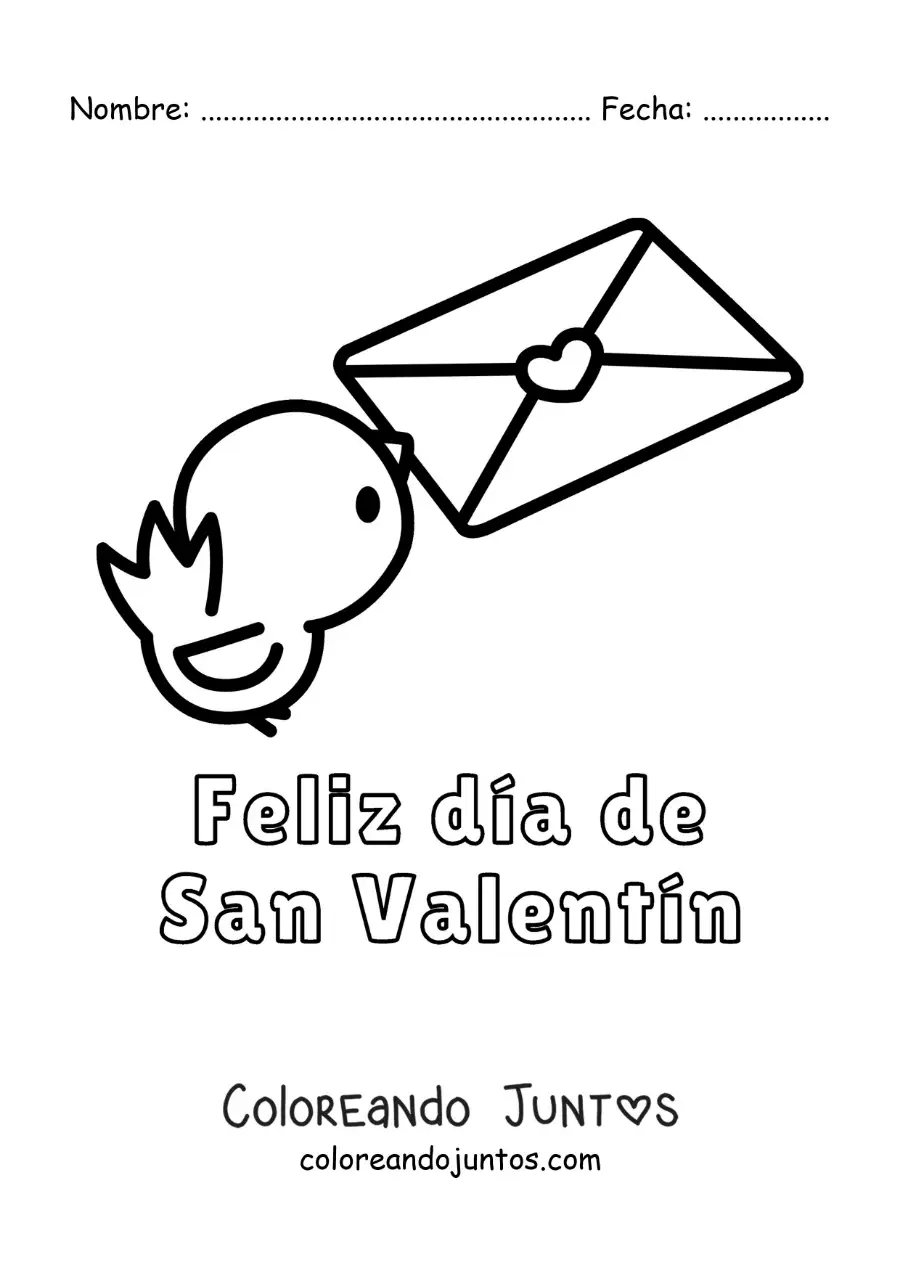Imagen para colorear de ave con una carta de amor y la frase feliz día de san valentín