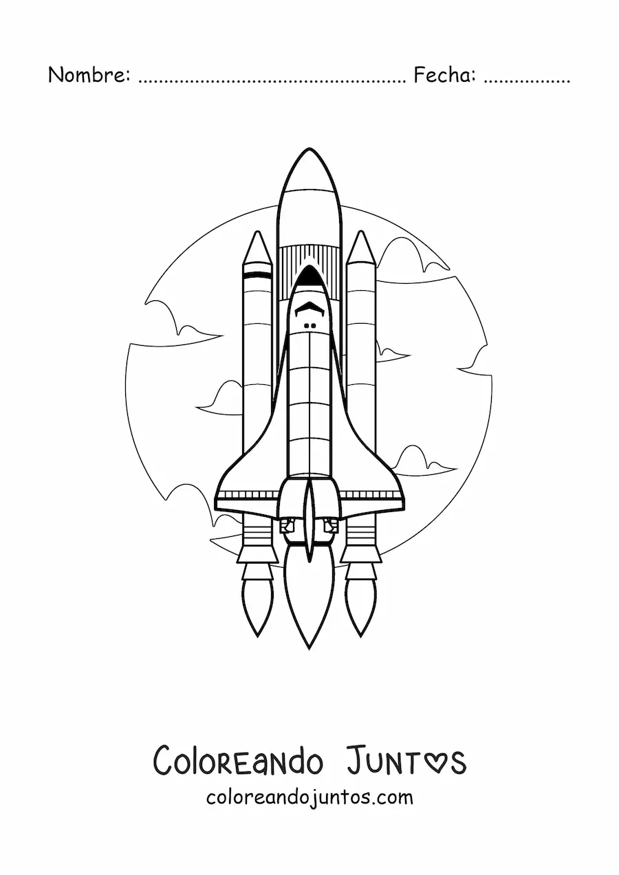 Imagen para colorear de un cohete espacial realista despegando hacia el cielo