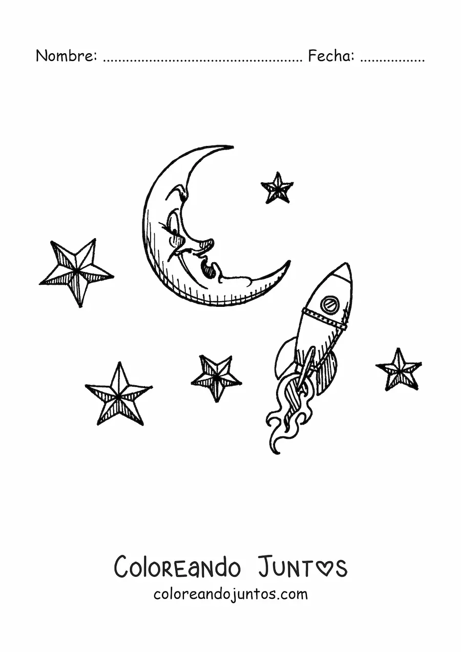 Imagen para colorear de una caricatura de un cohete llegando a la luna