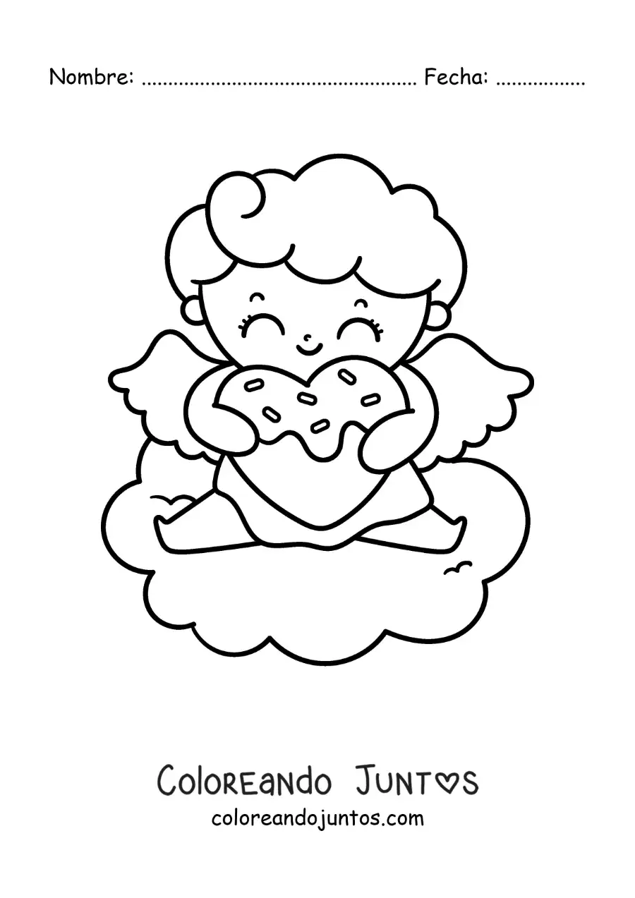 Imagen para colorear de lindo cupido bebé animado con galleta en forma de corazón