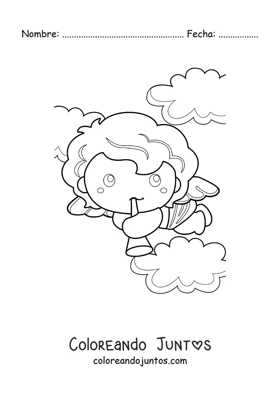 Imagen para colorear de ángel cupido con una trompeta