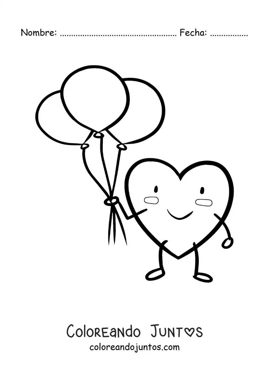 Imagen para colorear de tierno corazón animado con globos
