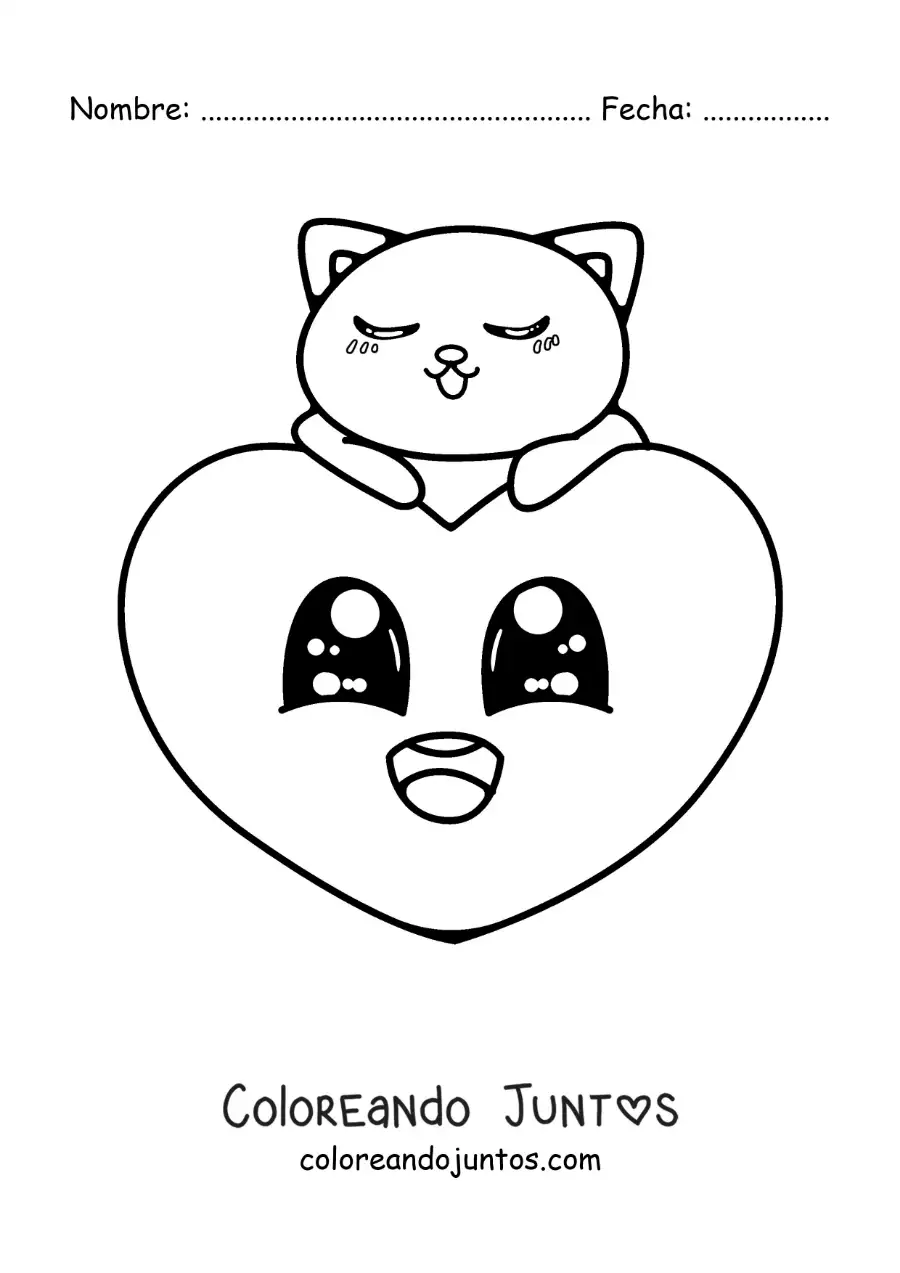 Imagen para colorear de corazón bonito animado con un gatito