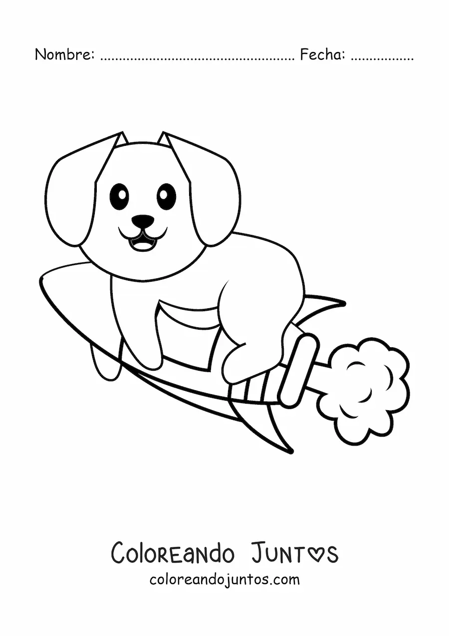 Imagen para colorear de un perro animado sobre un cohete en vuelo